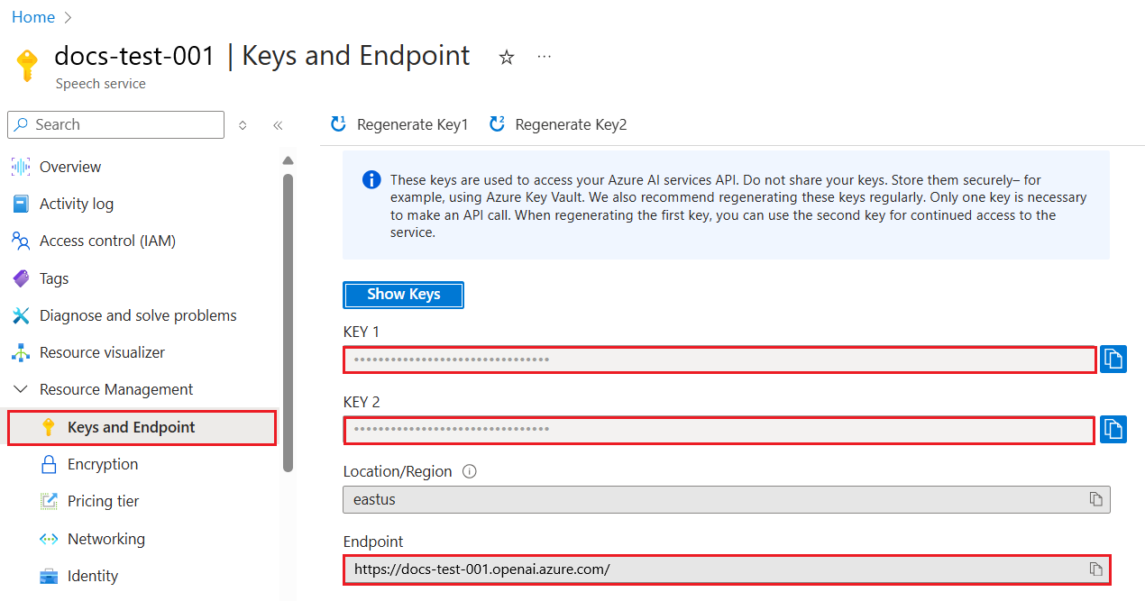 Screenshot that shows the Keys and Endpoint page for an Azure OpenAI resource in the Azure portal.