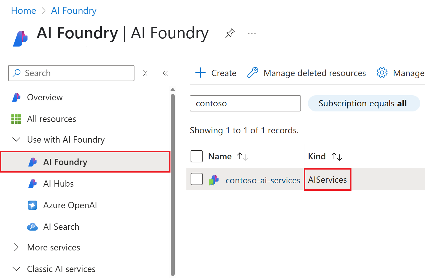 Screenshot of the Foundry resource in the Azure portal.