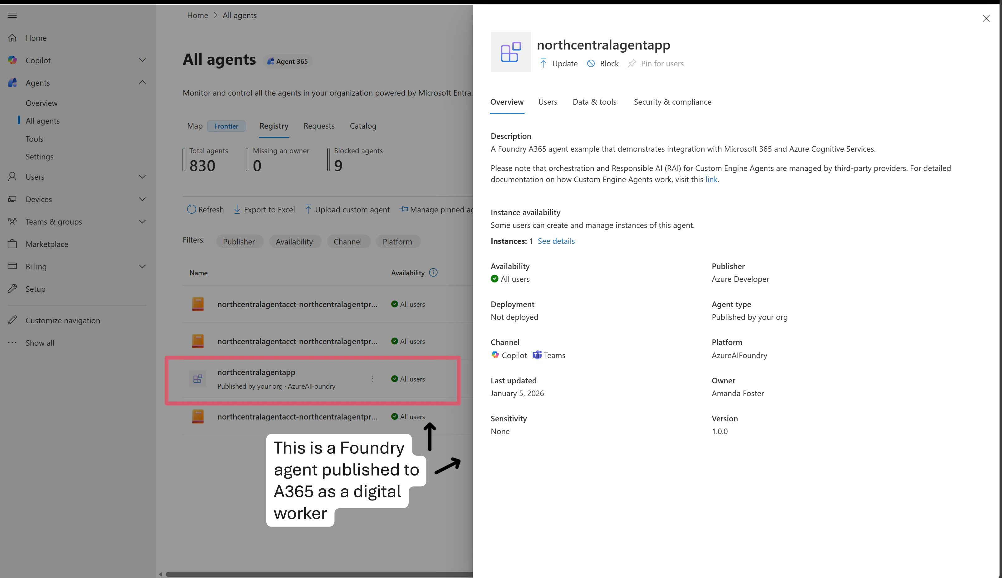 Screenshot of an approved agent in A365 registry.