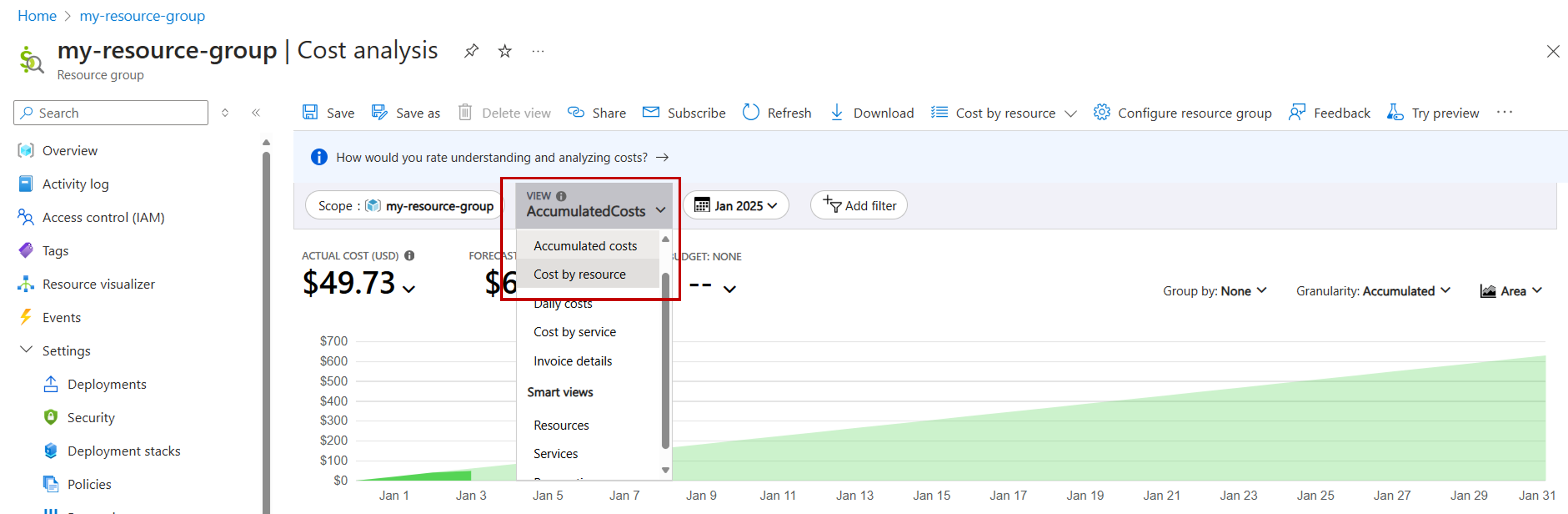 Screenshot of how to see the cost by each resource in the resource group.