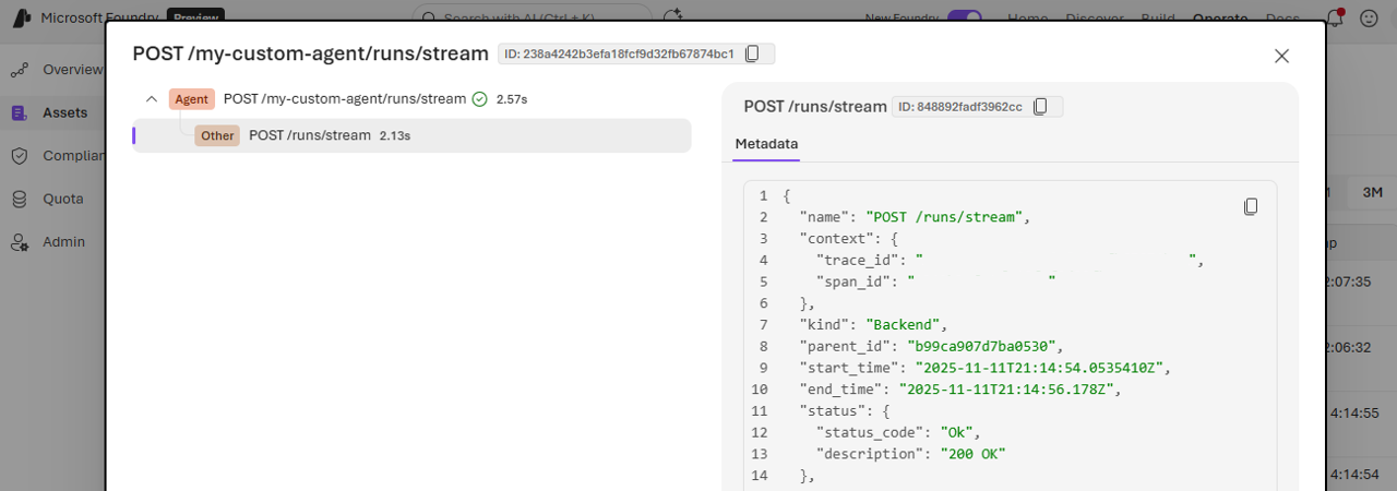 Screenshot of a call to the agent's endpoint under the route for runs and streams.