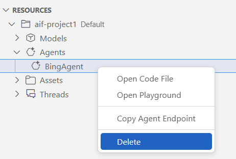 Screenshot of the Foundry portal with the Delete command for a selected agent.