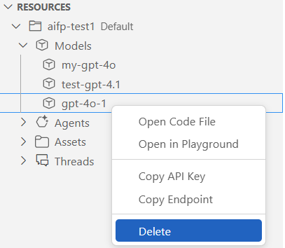 Screenshot of the shortcut menu with the Delete command for a selected model.