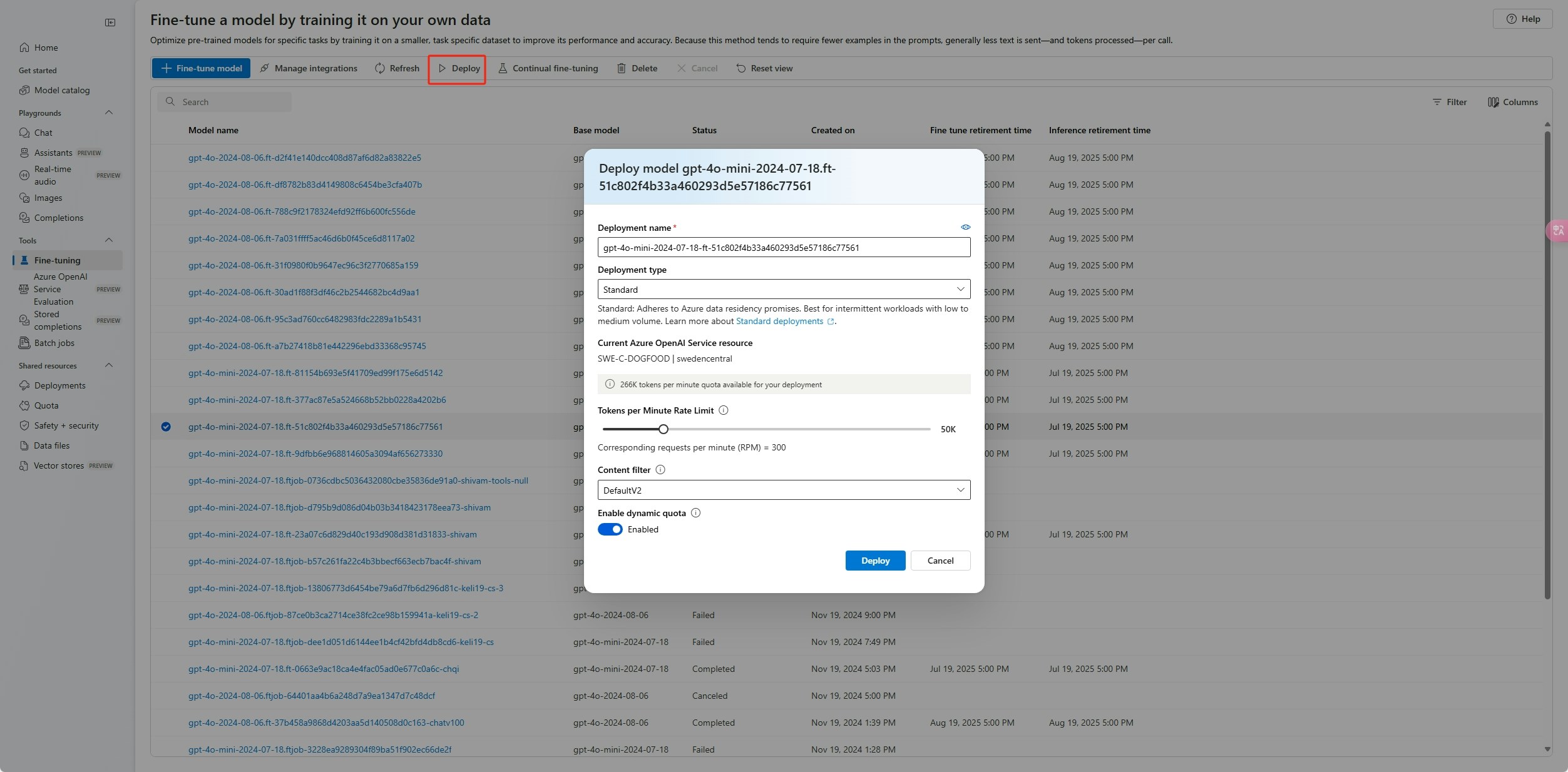 Screenshot that shows how to deploy a custom model in Foundry portal.