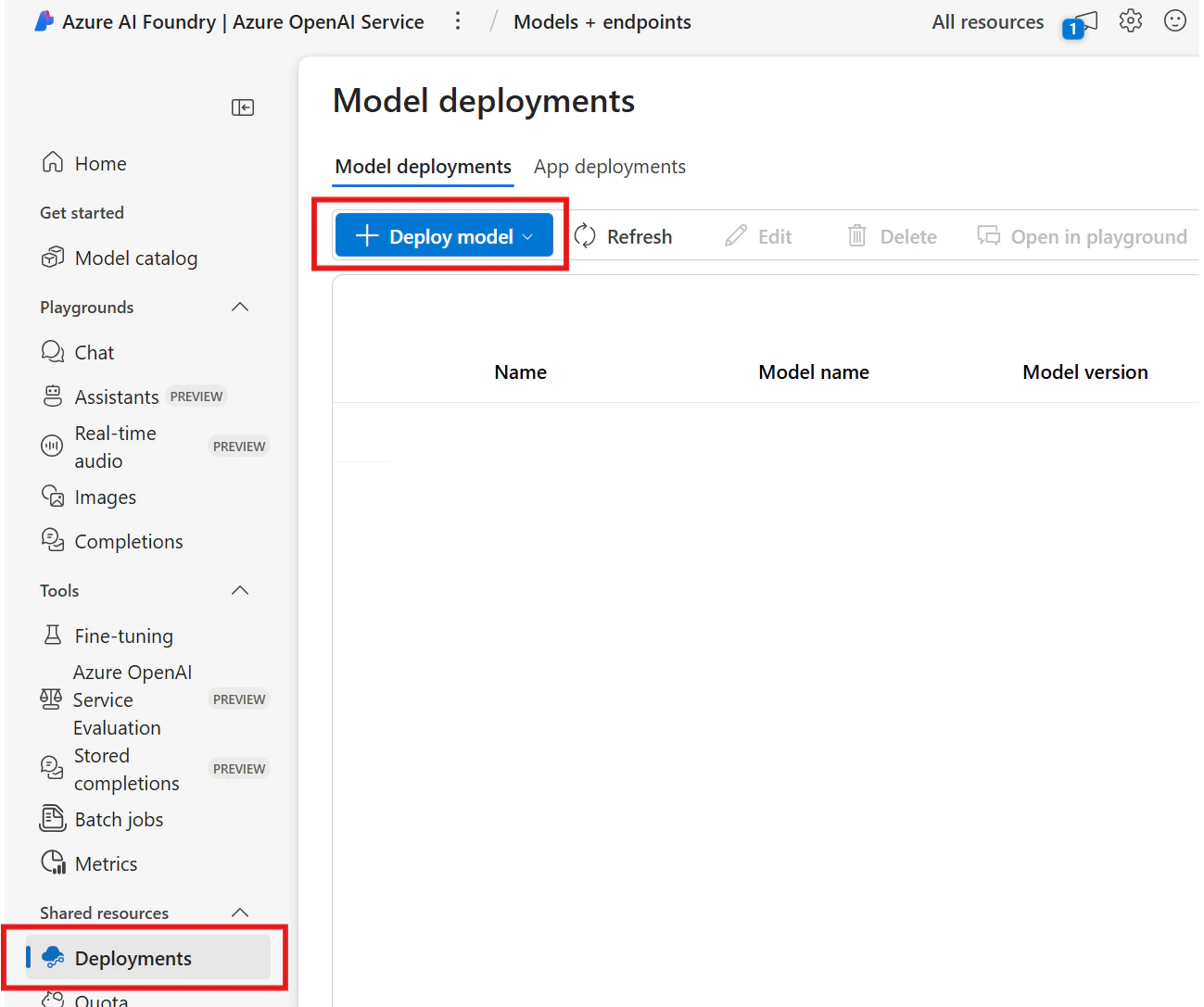 Screenshot of the Deploy base model dropdown menu in Foundry.