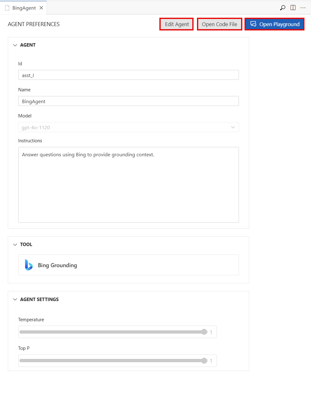 Screenshot of the pane for agent preferences, with the Edit Agent, Open Code File, and Open Playground buttons highlighted.