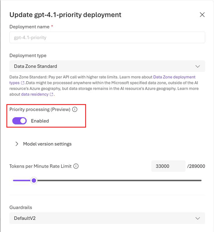 Screenshot showing how to enable priority processing during model deployment in the Foundry portal.