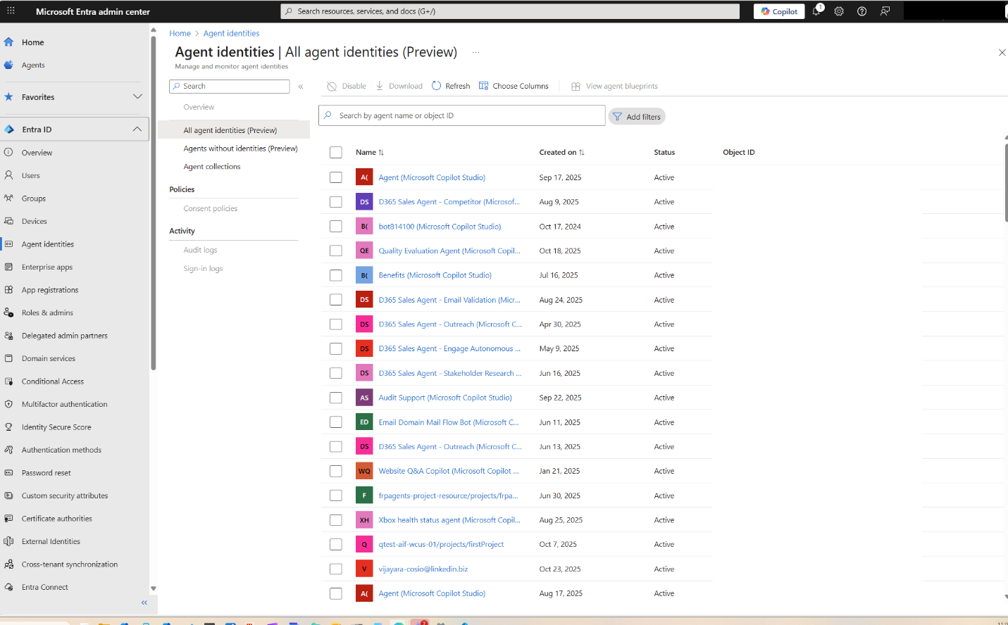 Screenshot of the Microsoft Entra admin center that shows the tab for agent identities with an inventory of all agents in the tenant.