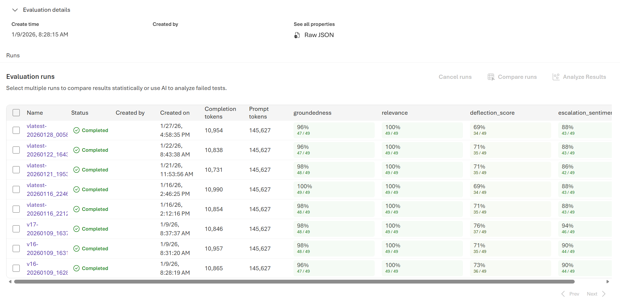 Screenshot of the evaluation details page showing evaluation runs.