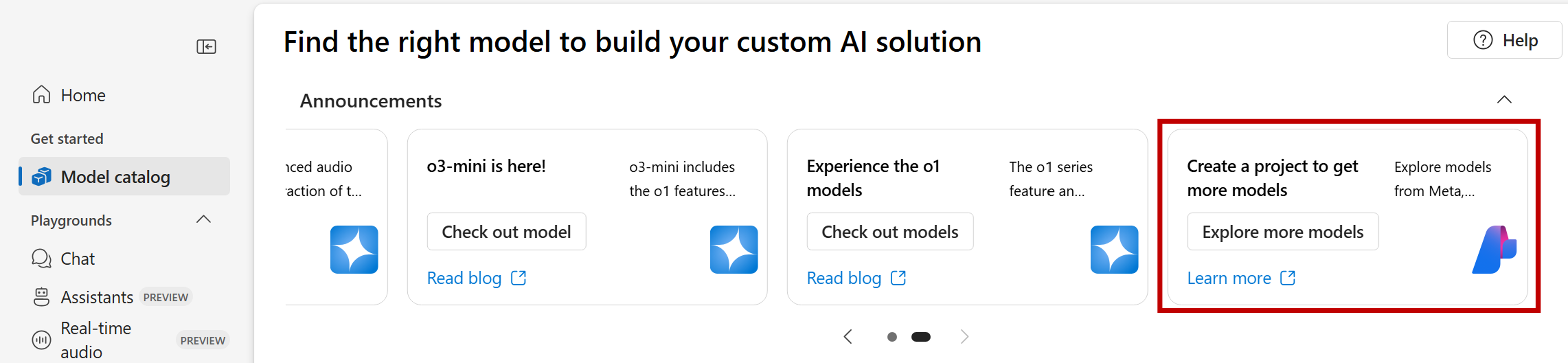 Screenshot showing the card with the option to explore all the models from the catalog.