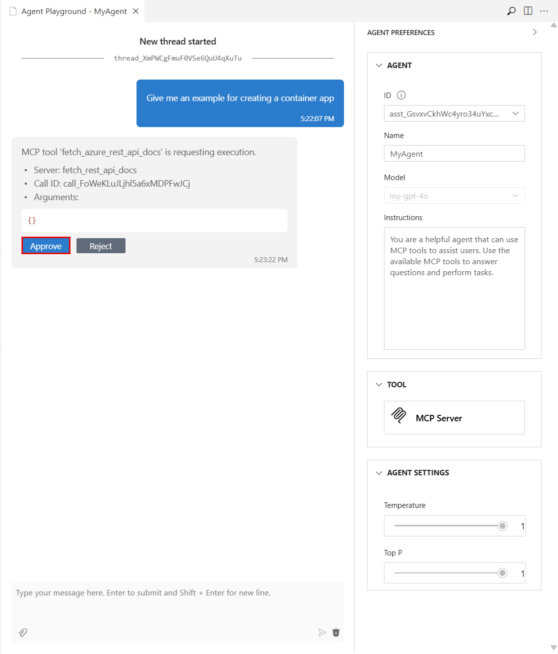 Screenshot of the MCP server tool's approval prompt in the agent playground.