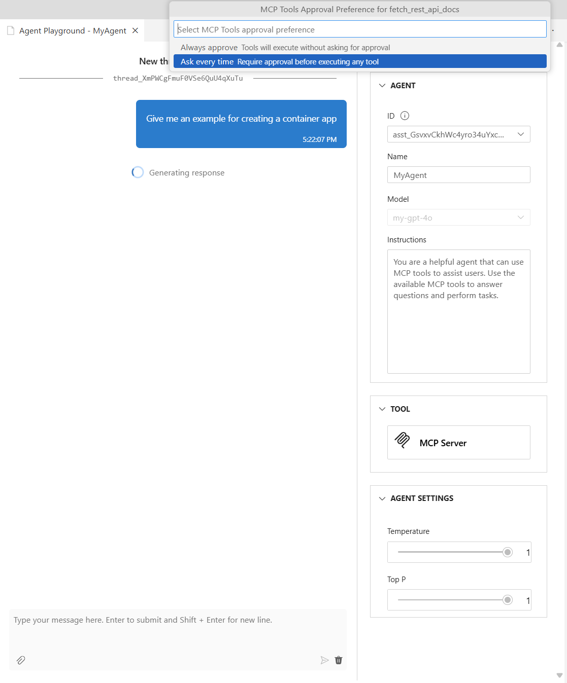 Screenshot of the MCP server tool's approval preference in the agent playground.