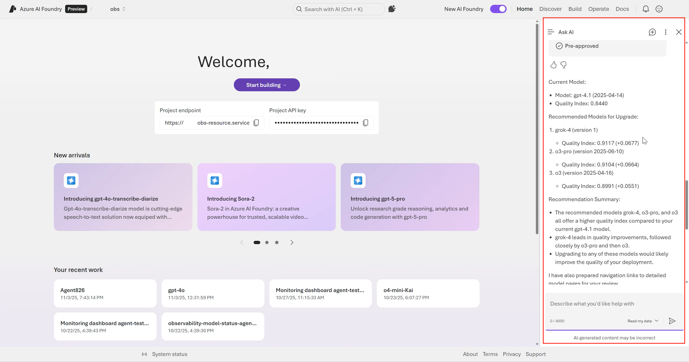 Screenshot of Ask AI displaying a list of recommended model upgrades with version comparison details.