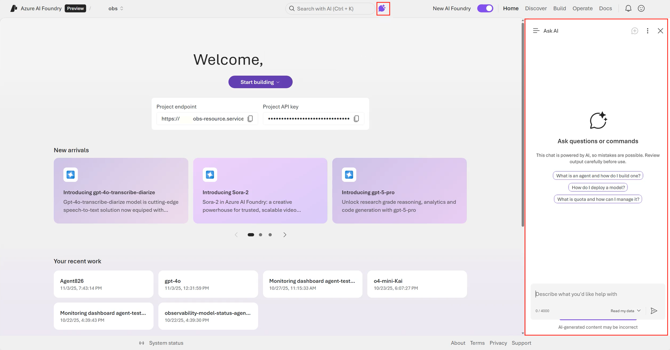 Screenshot of the Ask AI panel showing predefined prompts for model upgrade, including Should I upgrade my model and Is any model I'm using deprecated.