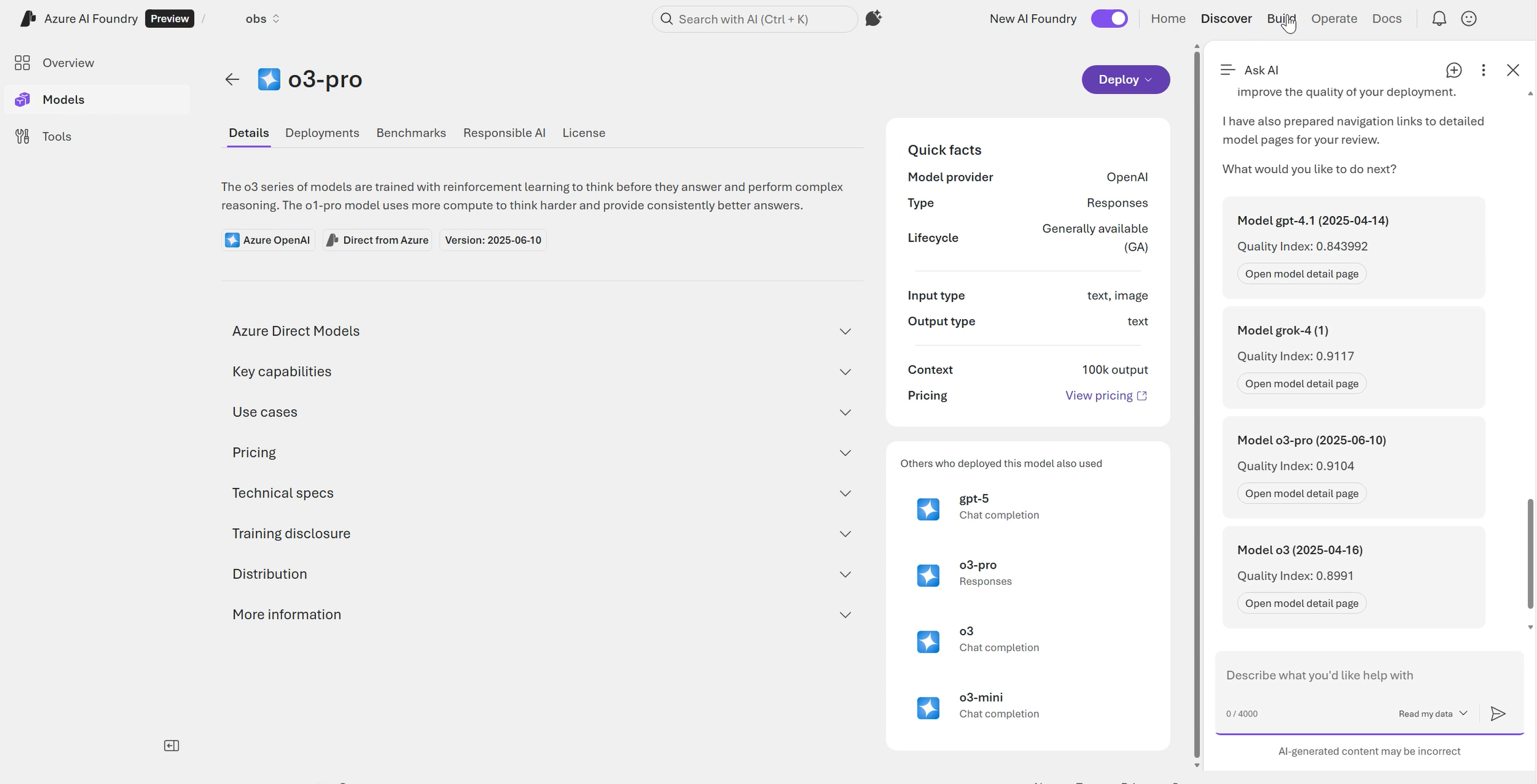Screenshot of a model detail page showing model capabilities, with Ask AI suggesting related model pages to review.