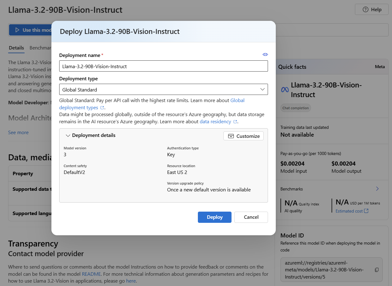 Screenshot showing how to customize the deployment if needed.