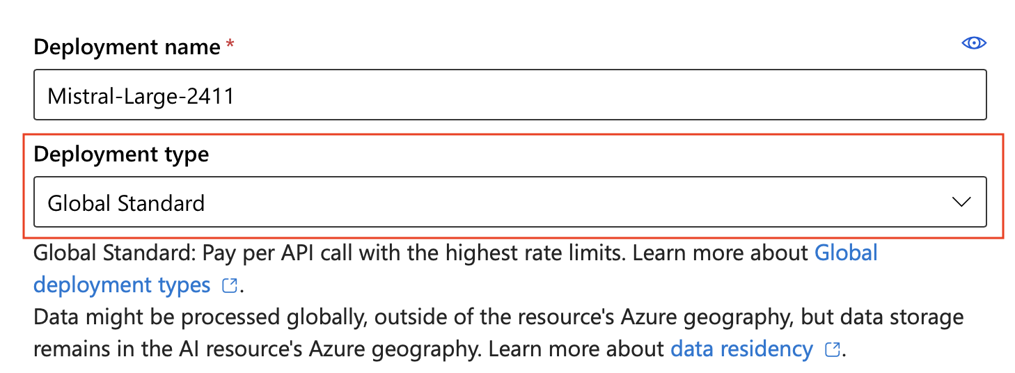 Screenshot of the Foundry portal deployment dialog showing the deployment type selection box with Global Standard selected.