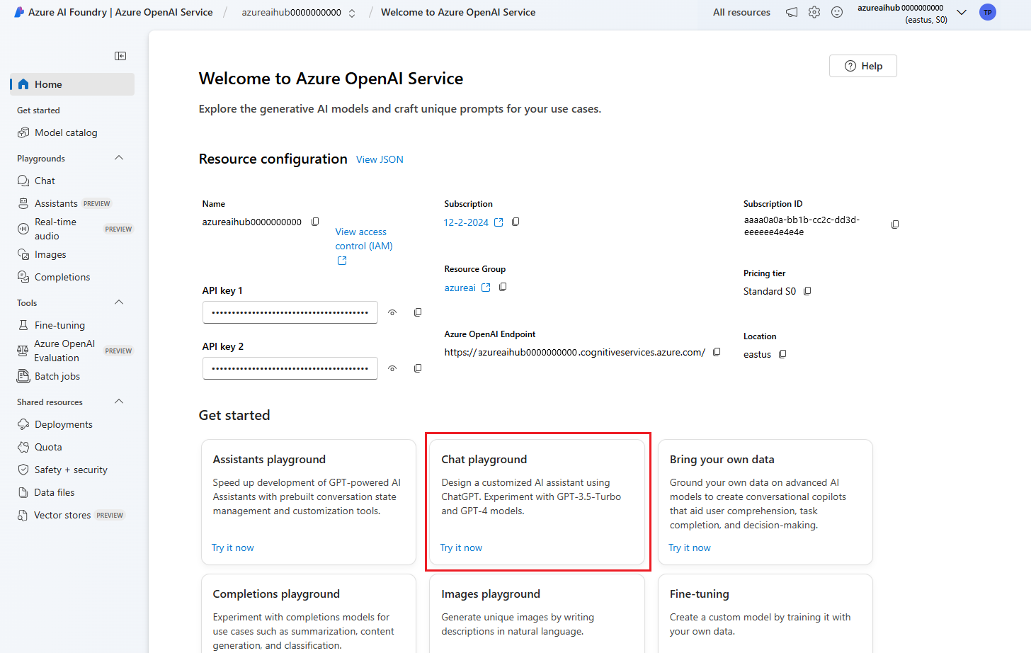 Screenshot of Foundry portal showing the Chat playground entry point for Azure OpenAI.