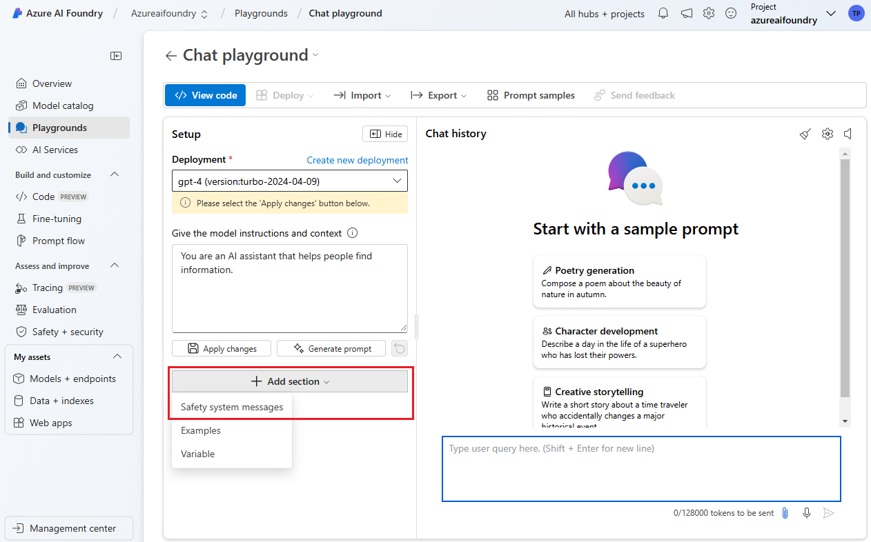 Screenshot of Foundry portal showing where to open the system message and safety system message settings.