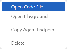 Screenshot of the agent shortcut menu with the Open Code File option highlighted.