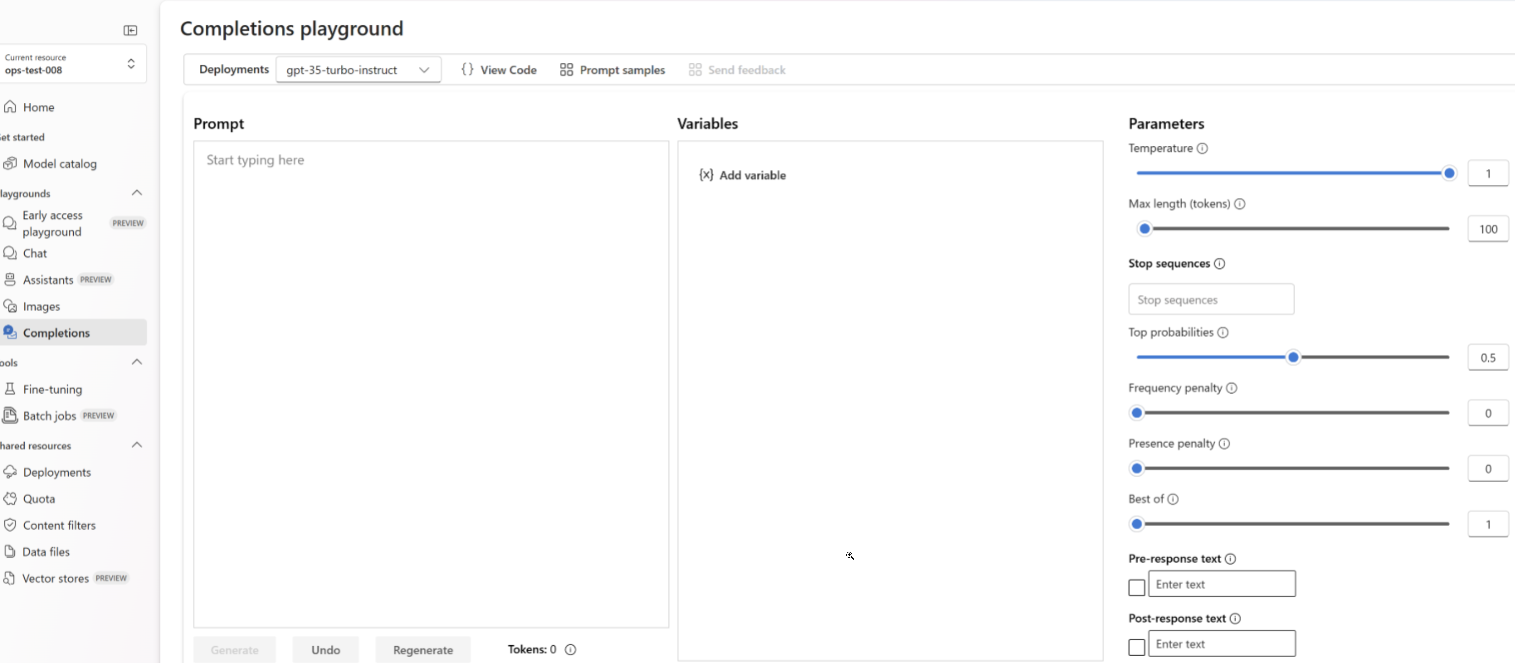 Screenshot of the Playground pane in Foundry portal, with sections highlighted.