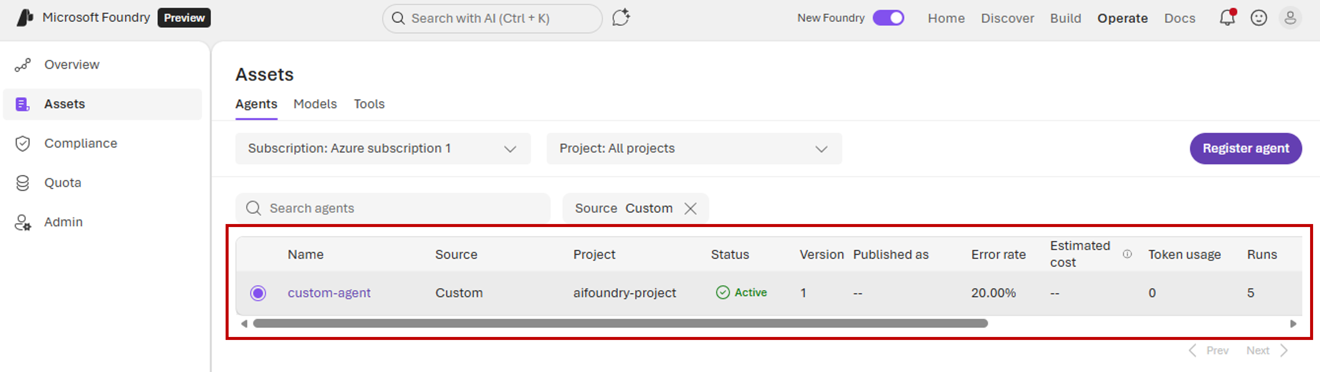 Screenshot of a registered custom agent.