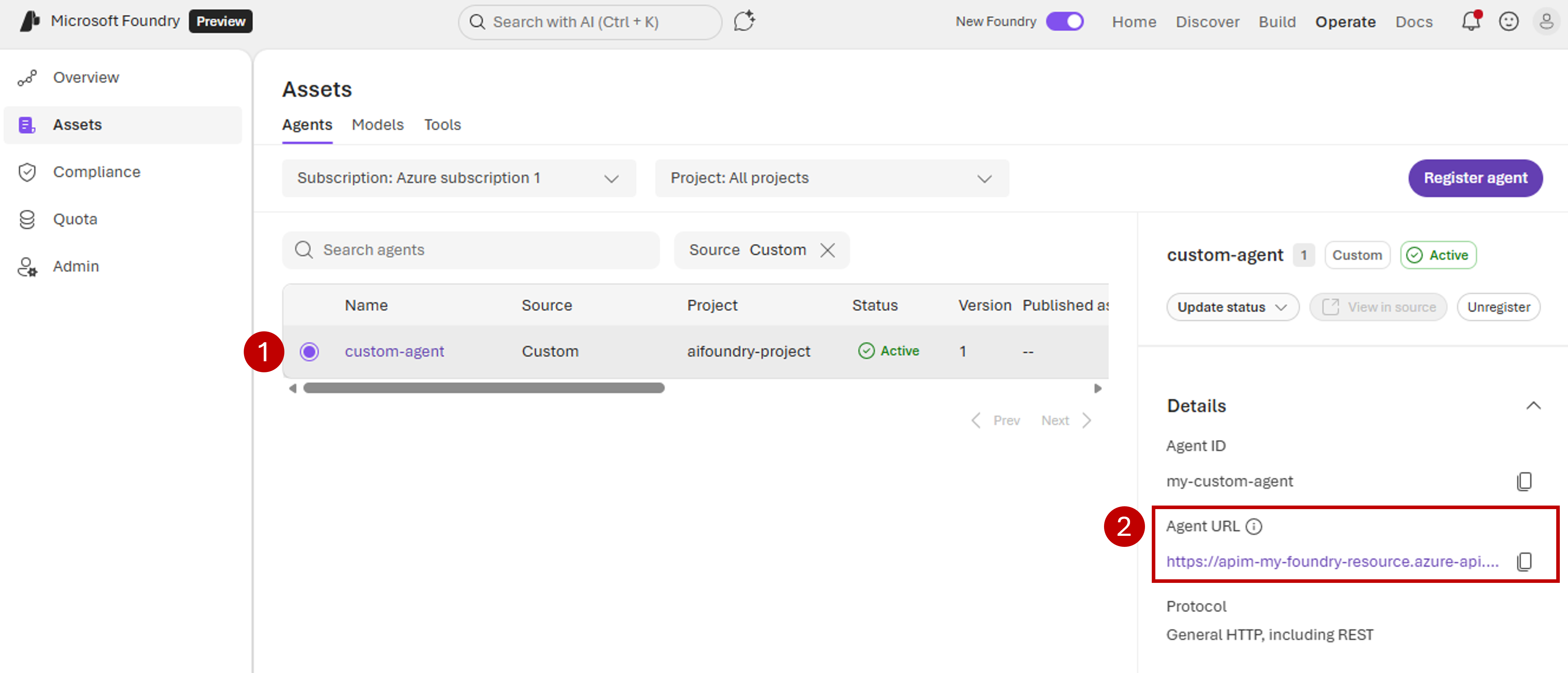 Screenshot of steps to copy the new URL of the agent after registration.