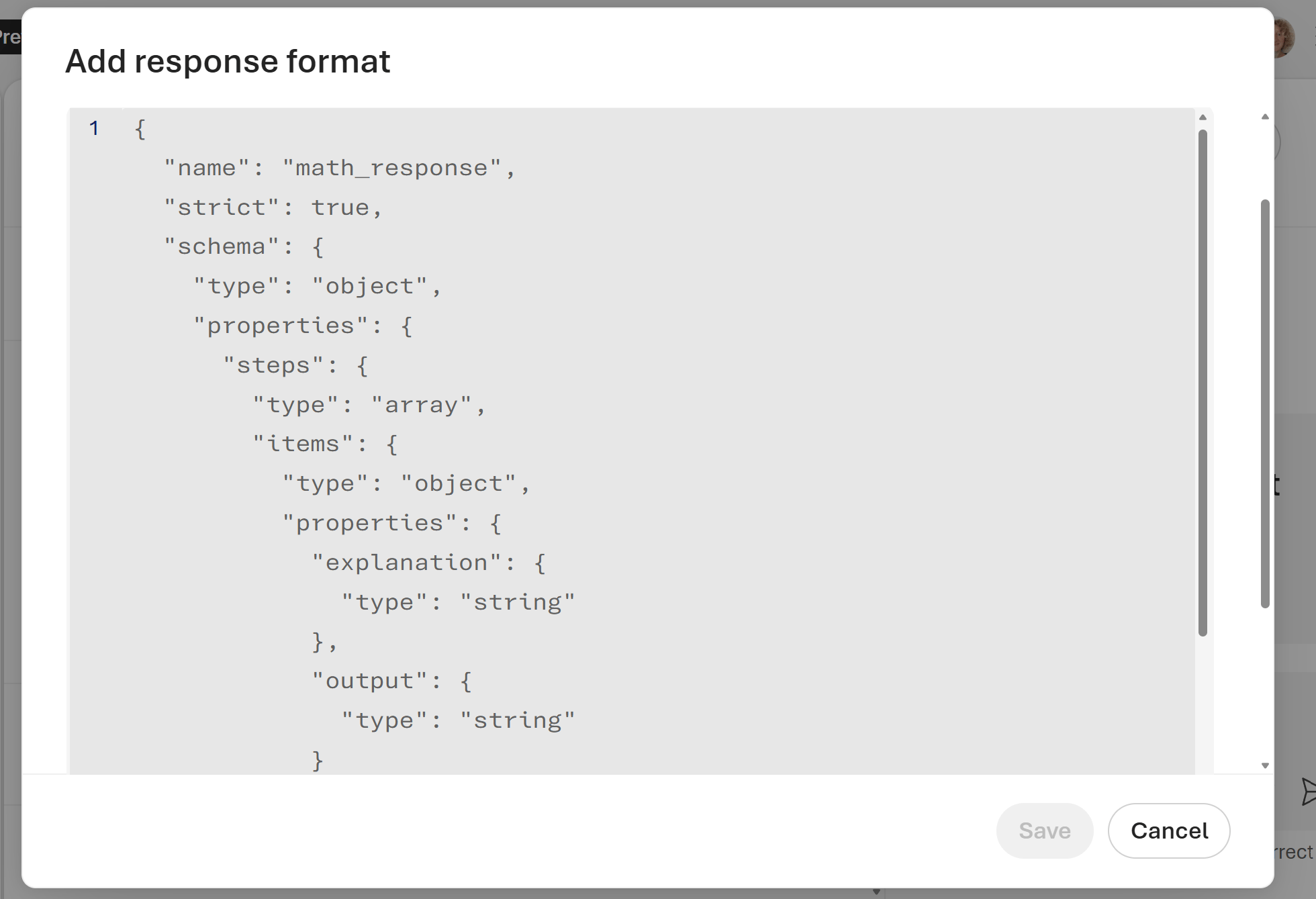 Screenshot that shows the addition of a response format in JSON.