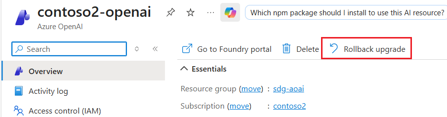 Screenshot shows how to roll back in Azure portal.