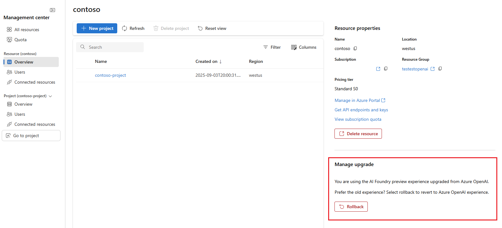 Screenshot shows the rollback option in the Foundry portal.