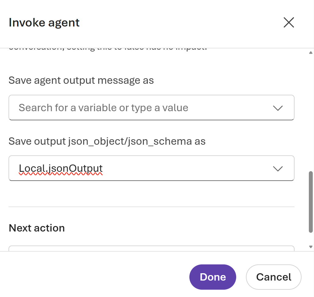 Screenshot that shows options for creating a new variable in a Microsoft Foundry workflow.