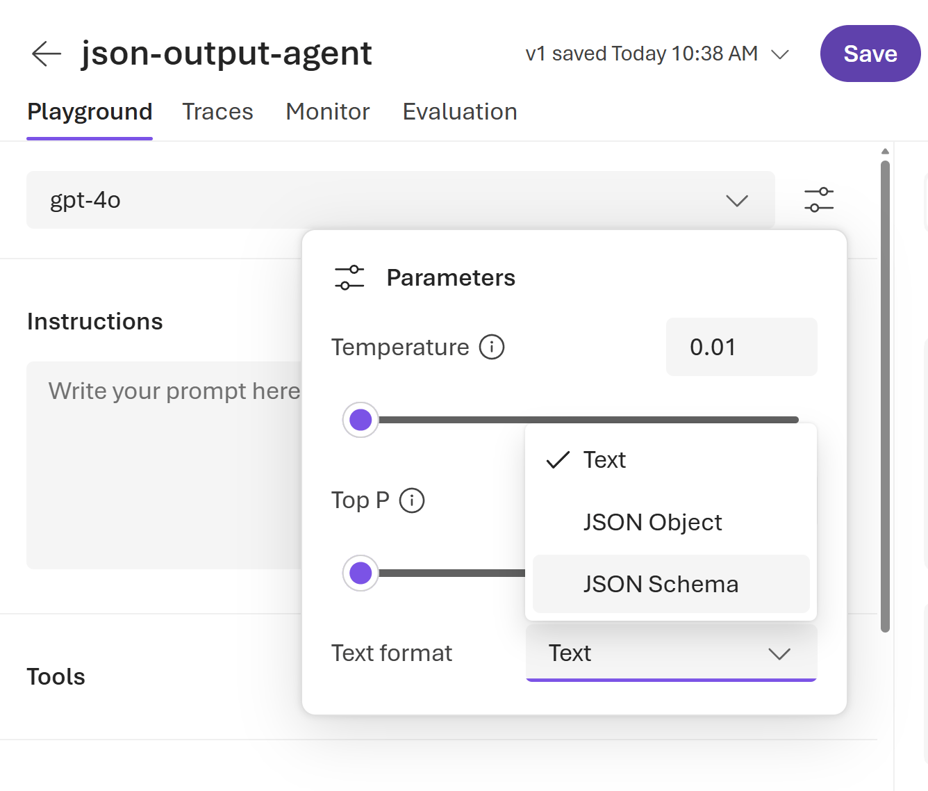 Screenshot that shows the window for configuring a JSON schema format for output.