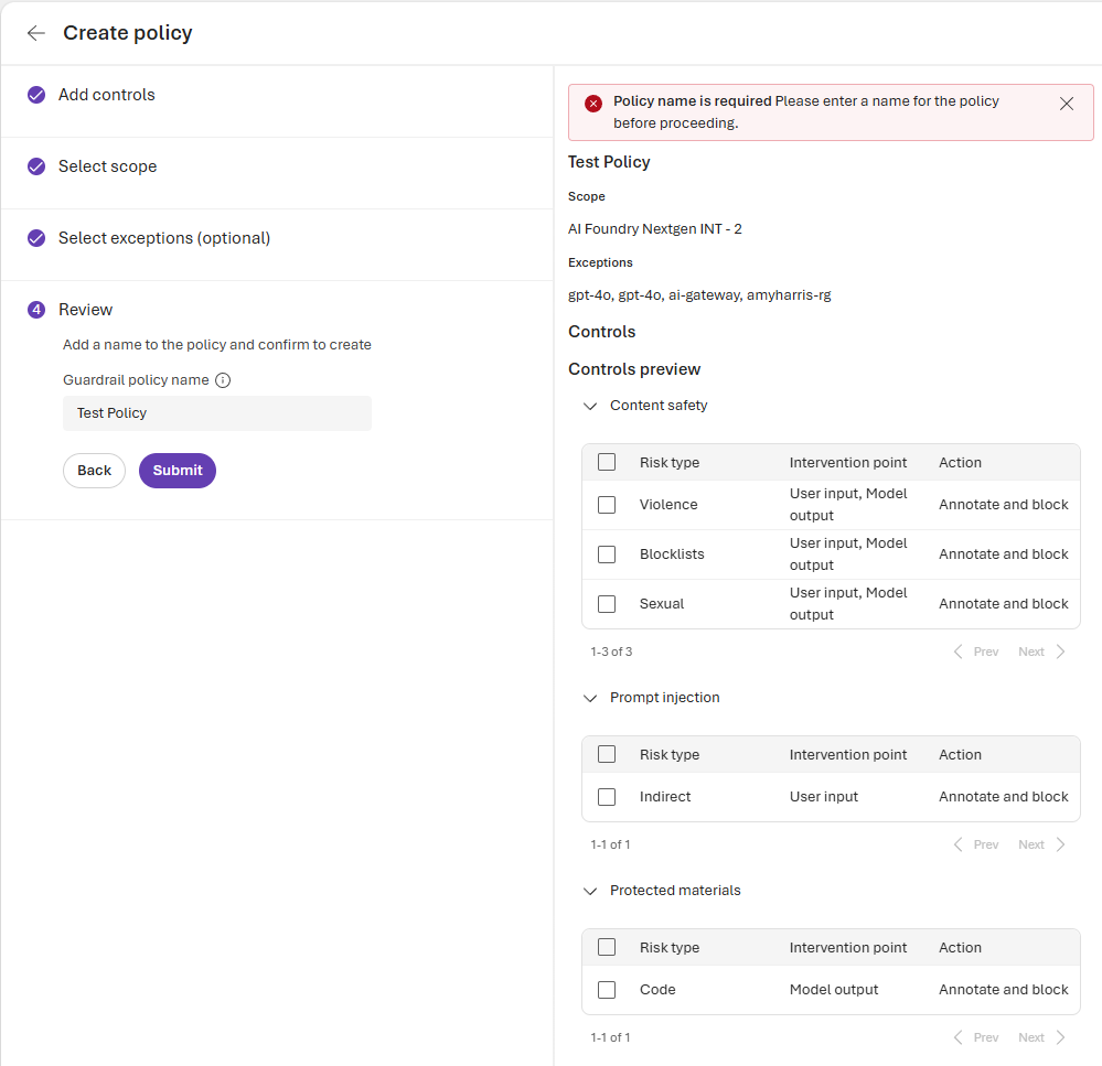 Screenshot of the area for reviewing and submitting a guardrail policy.