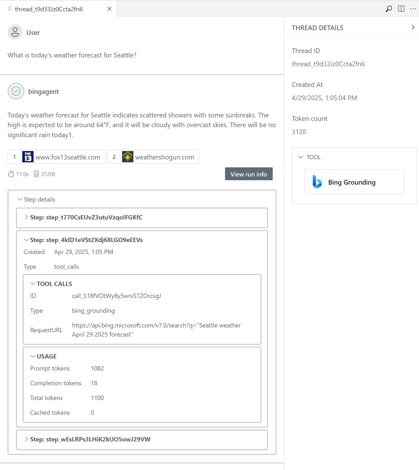 Screenshot of the pane for thread details.