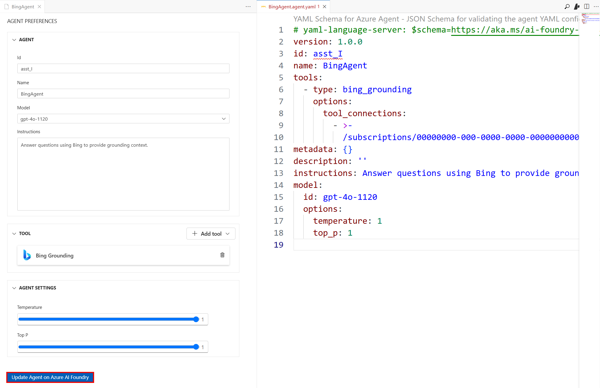 Screenshot of the pane for agent preferences, with the Update Agent on Foundry button highlighted.