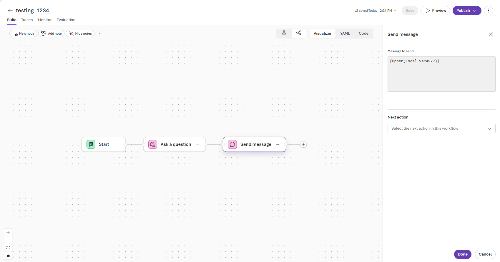 Screenshot that shows the variable instantiation for the action of sending a message.