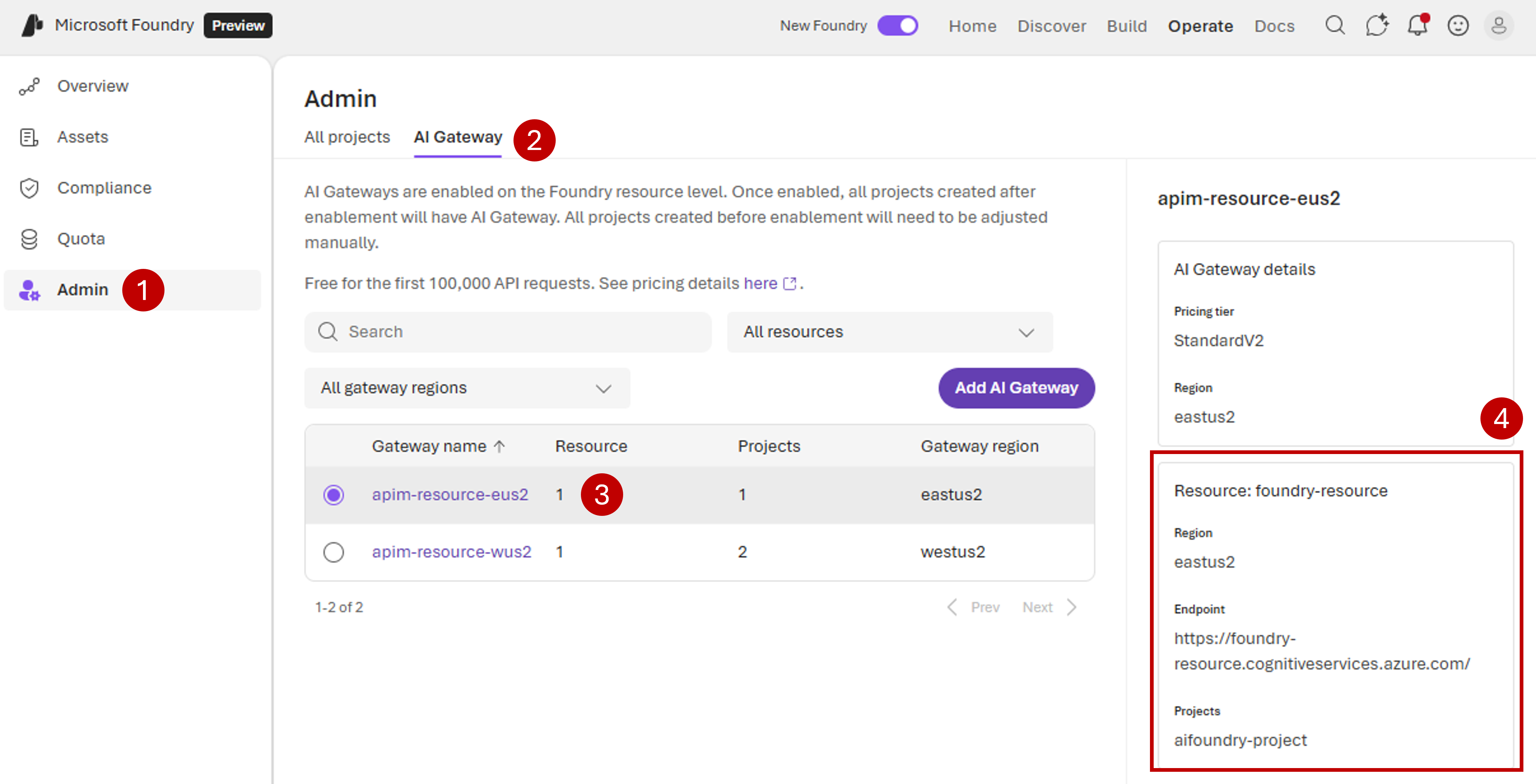 Screenshot of the Foundry administration portal that shows steps for verifying if a project has an AI gateway configured.
