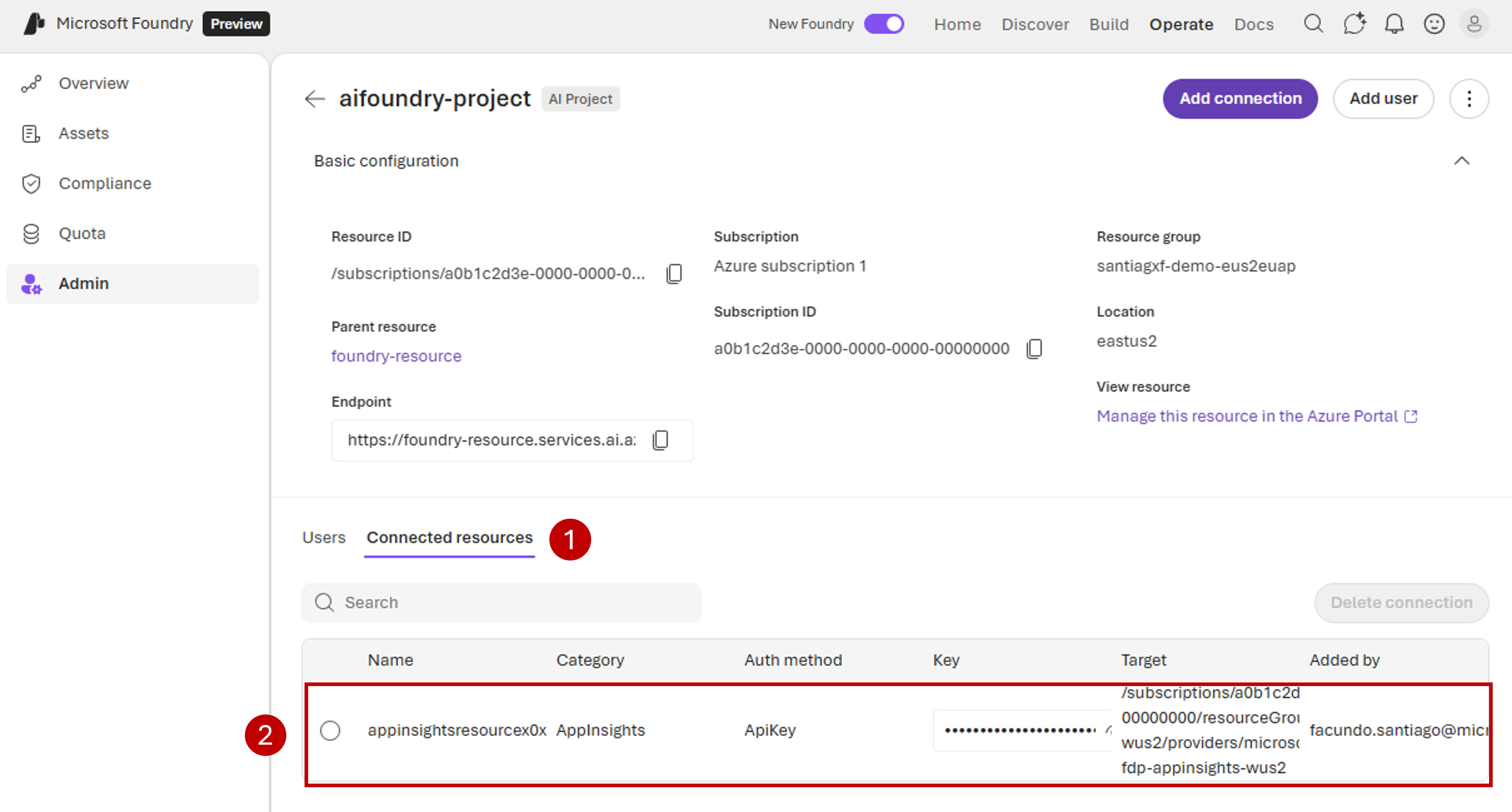 Screenshot of the administration portal that shows steps to verify if a project has an associated Application Insights resource.