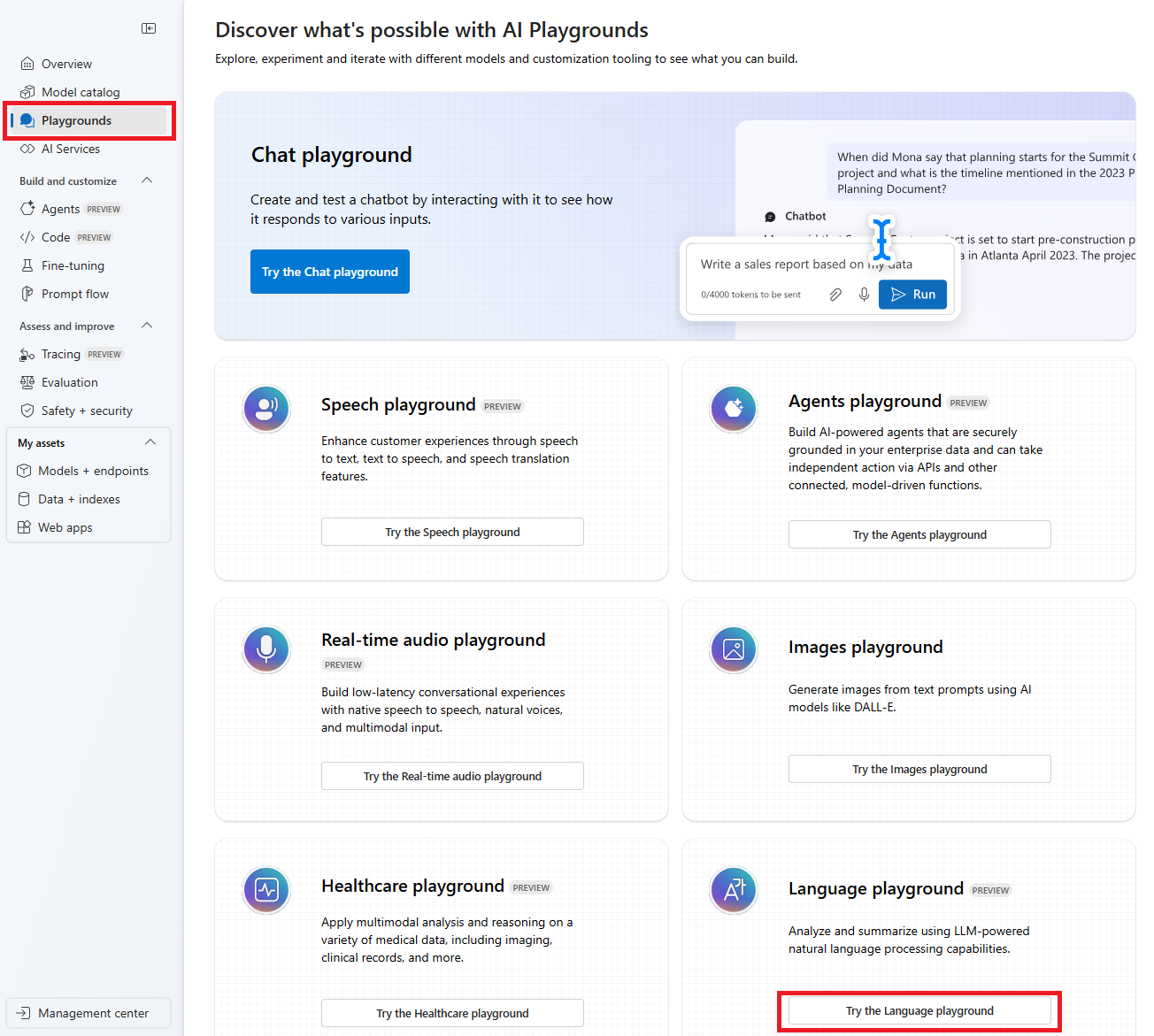 Screenshot showing the Playgrounds navigation and the Try Azure Language Playground button in Foundry (classic).