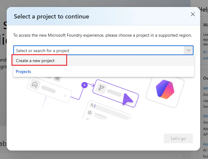 Screenshot of the Foundry portal showing the project selection dropdown with the Create new project option highlighted.