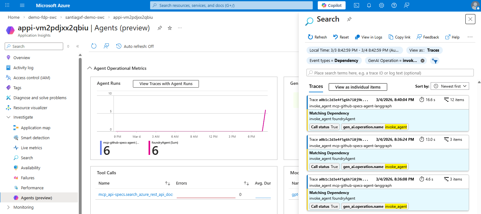 Screenshot showing the Agents (Preview) section in Azure Monitor displaying multiple runs.