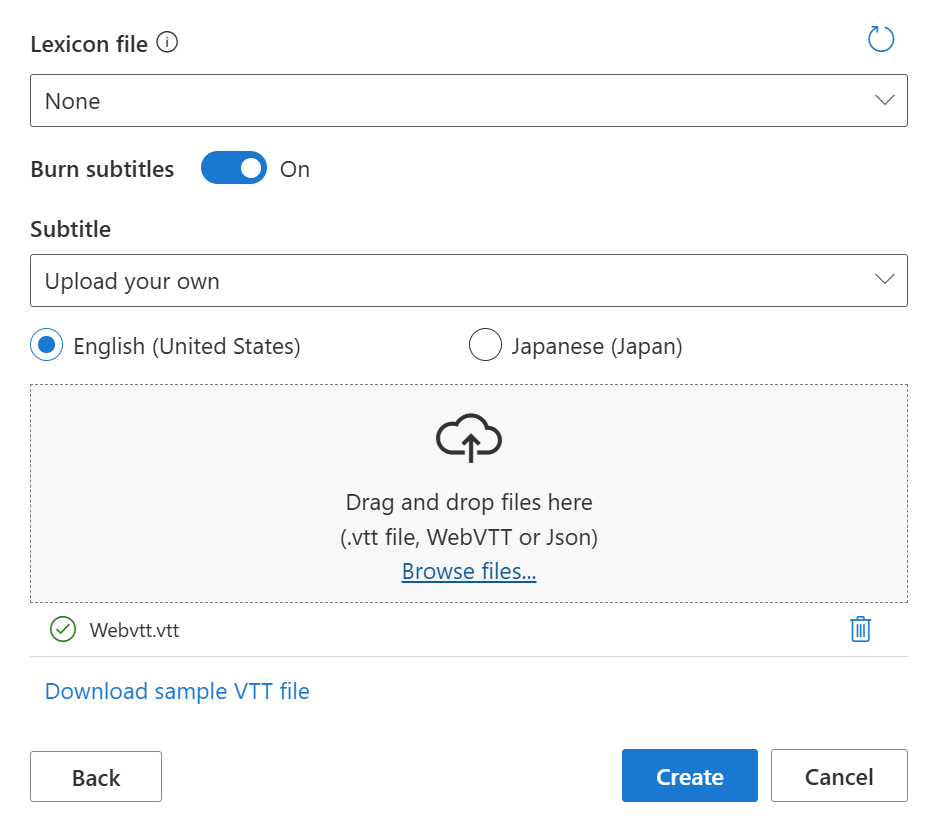 Screenshot of providing lexicon and subtitle information while creating a new project.
