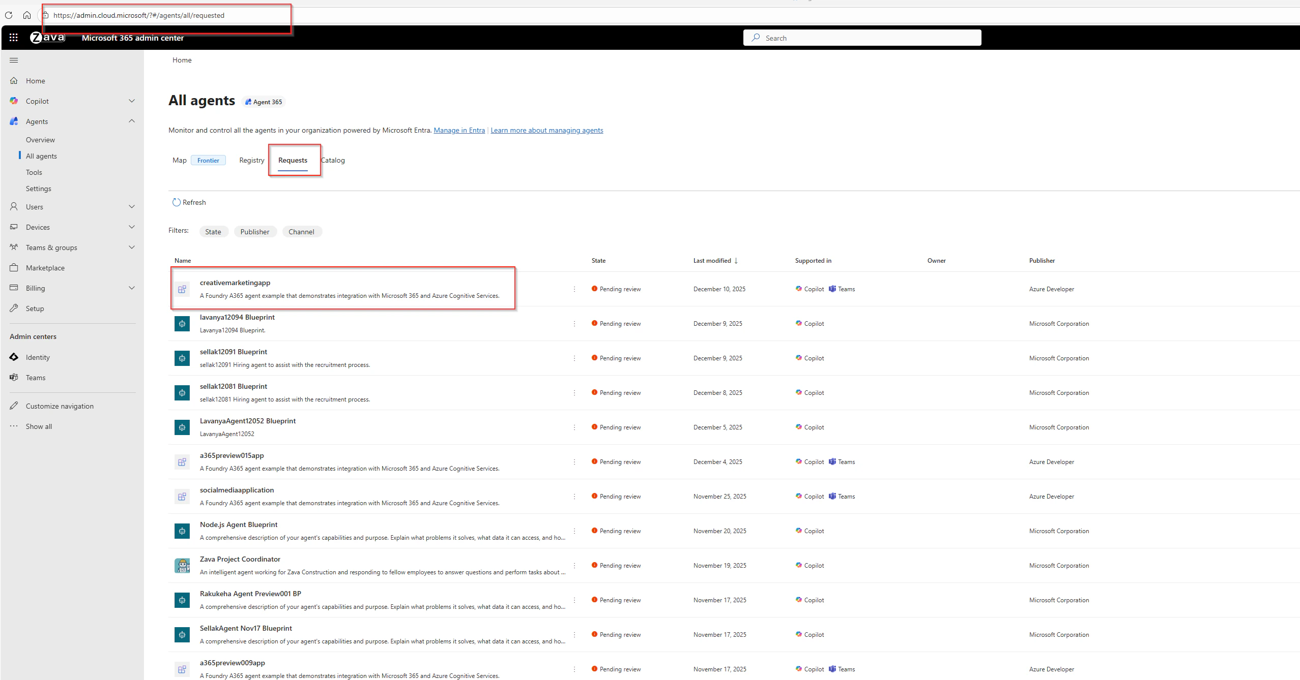 Screenshot of an agent awaiting or showing approval in the Microsoft 365 admin center agent registry.