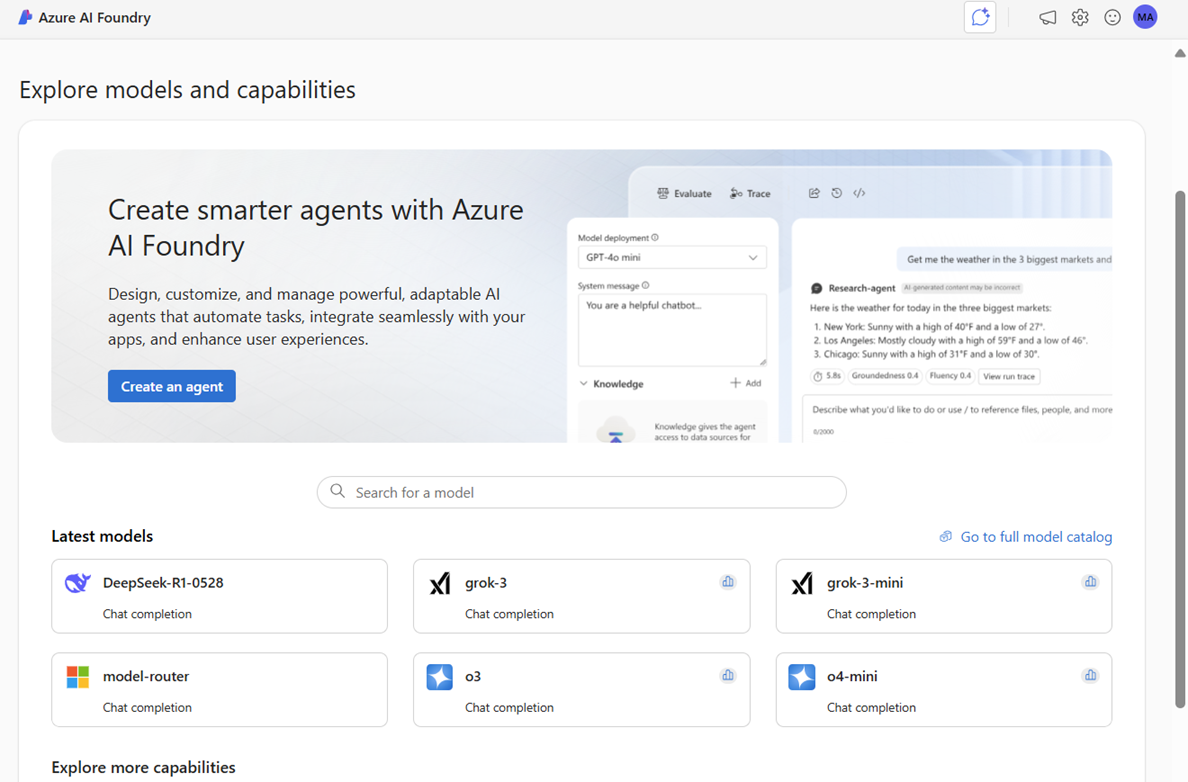 A screenshot of the homepage of the Foundry portal showing the model catalog section.