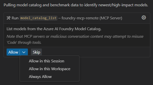 Screenshot of options to run Foundry MCP Server operations.