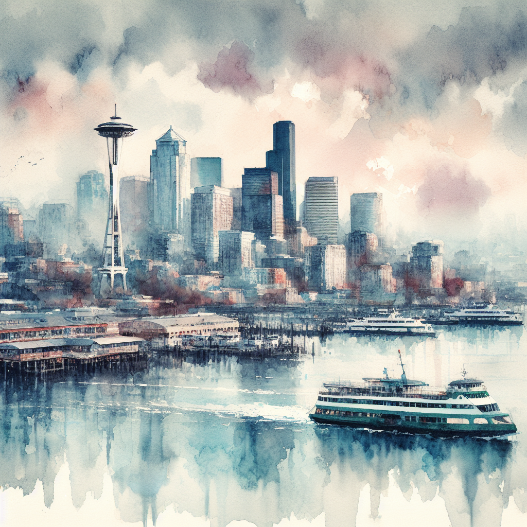 Screenshot of a detailed watercolor painting of the Seattle skyline with richer colors and more architectural detail.