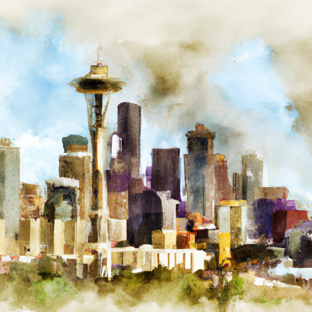 Screenshot of a simple watercolor painting of the Seattle skyline with minimal detail.