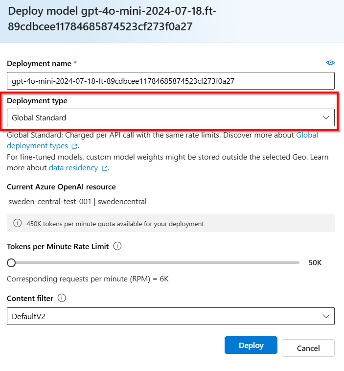 Screenshot of the global standard deployment user experience with a fine-tuned model.