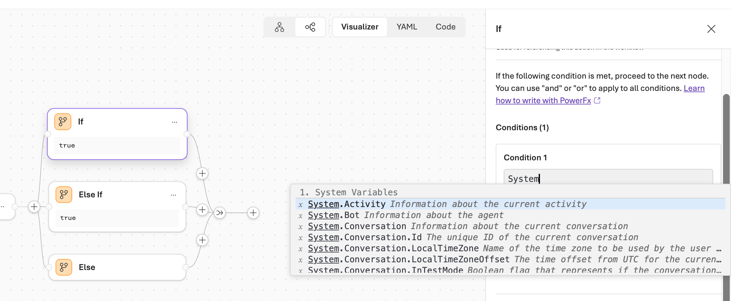 A screenshot showing the system variables in the if-else condition text box.