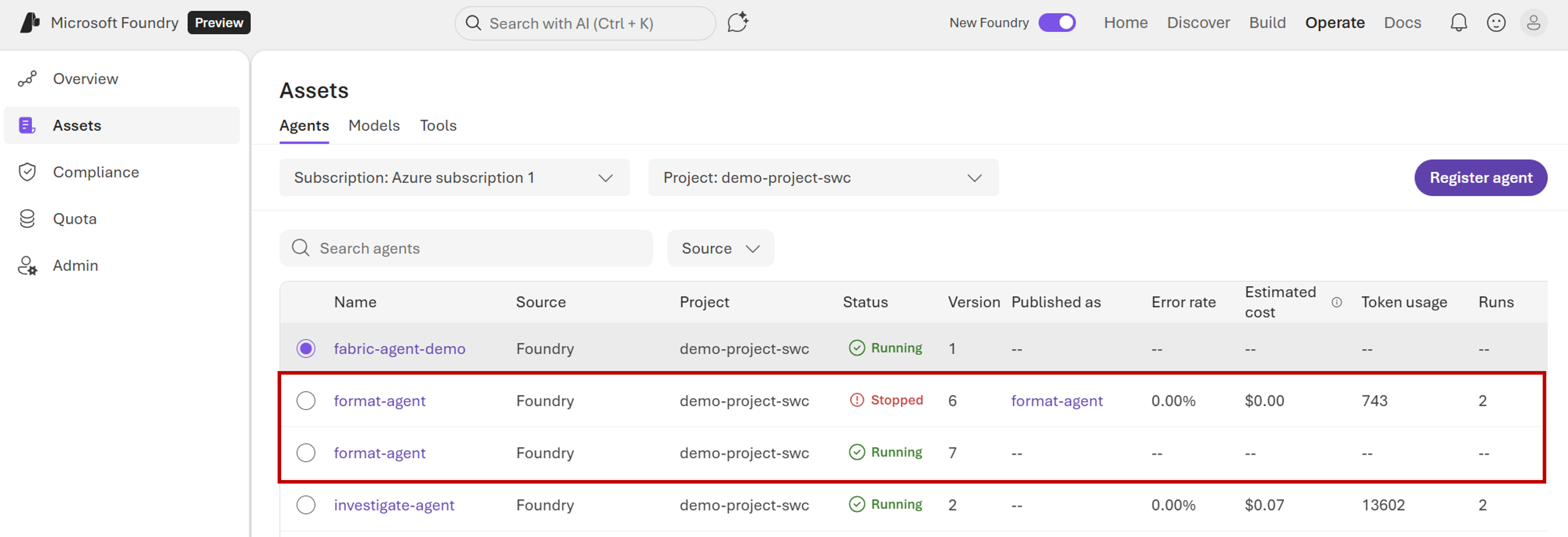 Screenshot of multiple Foundry agents listed in an inventory.